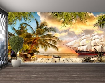 Pirate Ship Wallpaper Mural: Sea Sunset Wall Art