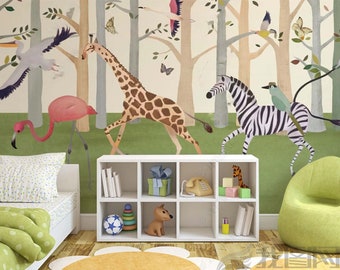 Safari-Jungle Animals Wallpaper-Nursery Tropical Animals Wallpaper