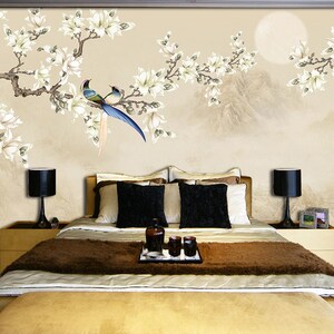 Magnolia Chinoiserie Tapet: Fototapet med fåglar och blommor bild 1