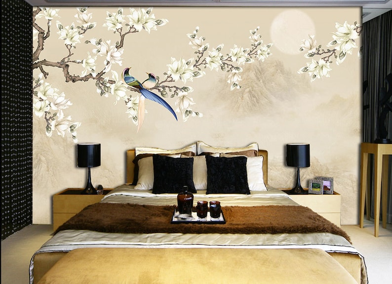 Magnolia Chinoiserie Tapet: Fototapet med fåglar och blommor bild 1