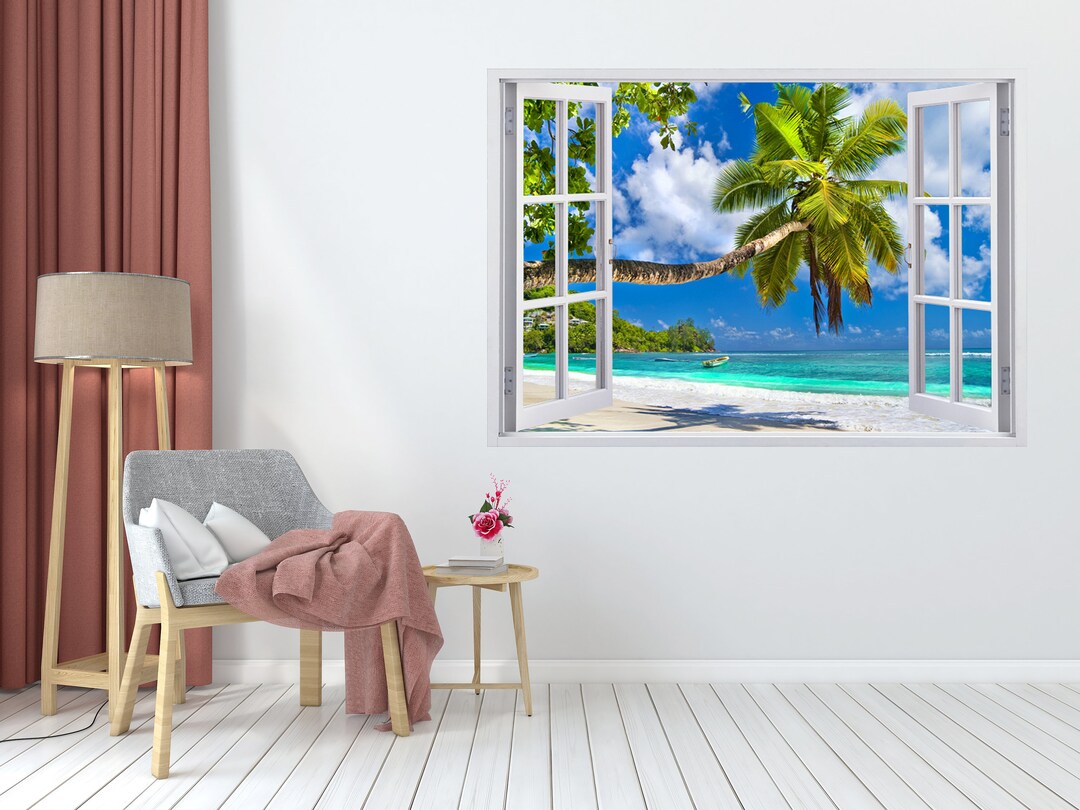 3D Window View Beach and Ocean Landscape Self Adhesive Vinyl, Wall