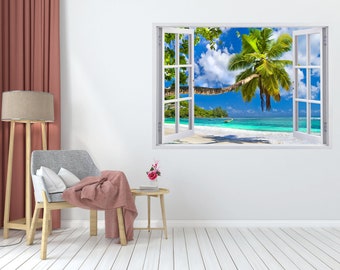 Décalcomanie 3D pour fenêtre avec vue sur la plage : décoration murale auto-adhésive