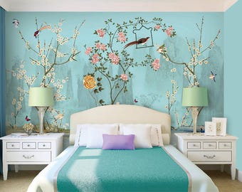 Floral Chinoiserie Wallpaper Mural: Flower and Bird Design