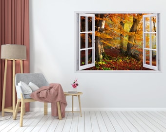 3D Window Autumn Forest View Wall Mural: Self Adhesive Vinyl Decal