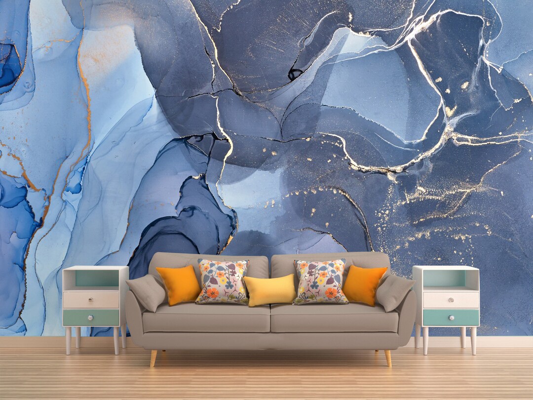 Abstract Blue and Gold Marble Texture Wallpaper II Wallpaper Mural Blue ...