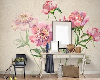 Watercolor Pink Peony Wallpaper: Vintage Floral Wall Mural
