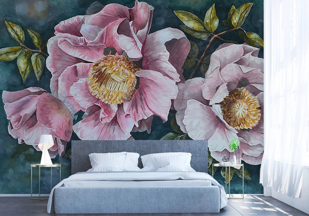 Vintage Watercolor Peony Wallpaper Mural: Floral Wall Decor - Etsy
