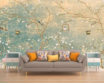 Chinoiserie Peel and Stick Wallpaper: Vintage Flowers and Birds