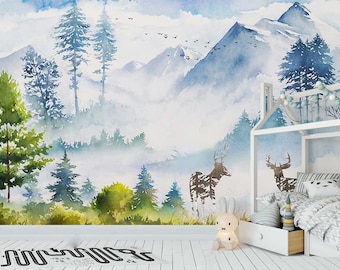 Mountain and Trees Wallpaper, Kids Room Wallpaper, Elk Forest Scenery Wall Mural, Peel and Stick or Classical