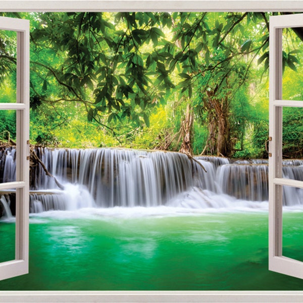 3D Window View Waterfall Landscape, Wall Mural,  3d Window Wall Decal