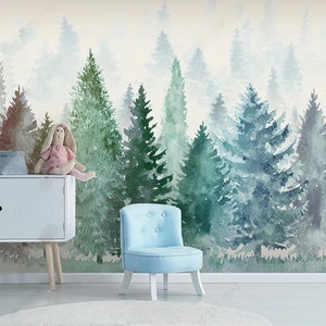 Pine Forest Peel and Stick Wallpaper, Watercolor Trees Wall Mural