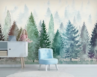 Pine Forest Peel and Stick Wallpaper, Watercolor Trees Wall Mural