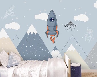 Wallpaper Scandinavian Minimalist Hand Drawn Looking Rocket Mountain landscape Wall Art, Wall Mural