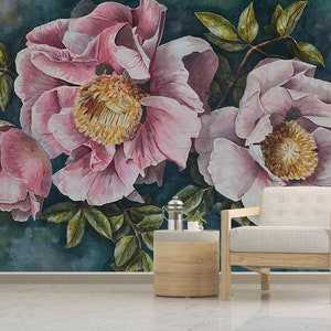 Peony Wallpaper, Vintage Peony Wall Mural, Watercolor Peony Wall Mural