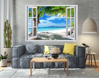 3D Window Beach View Wall Mural: Self Adhesive Vinyl Decal