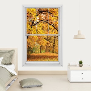 Herbst Blätter 3D Fenster Wandtattoo, Herbst in Waldansicht Kunst Fenster Wandtattoo, 3D Fenster Effekt Waldansicht Wandtattoo