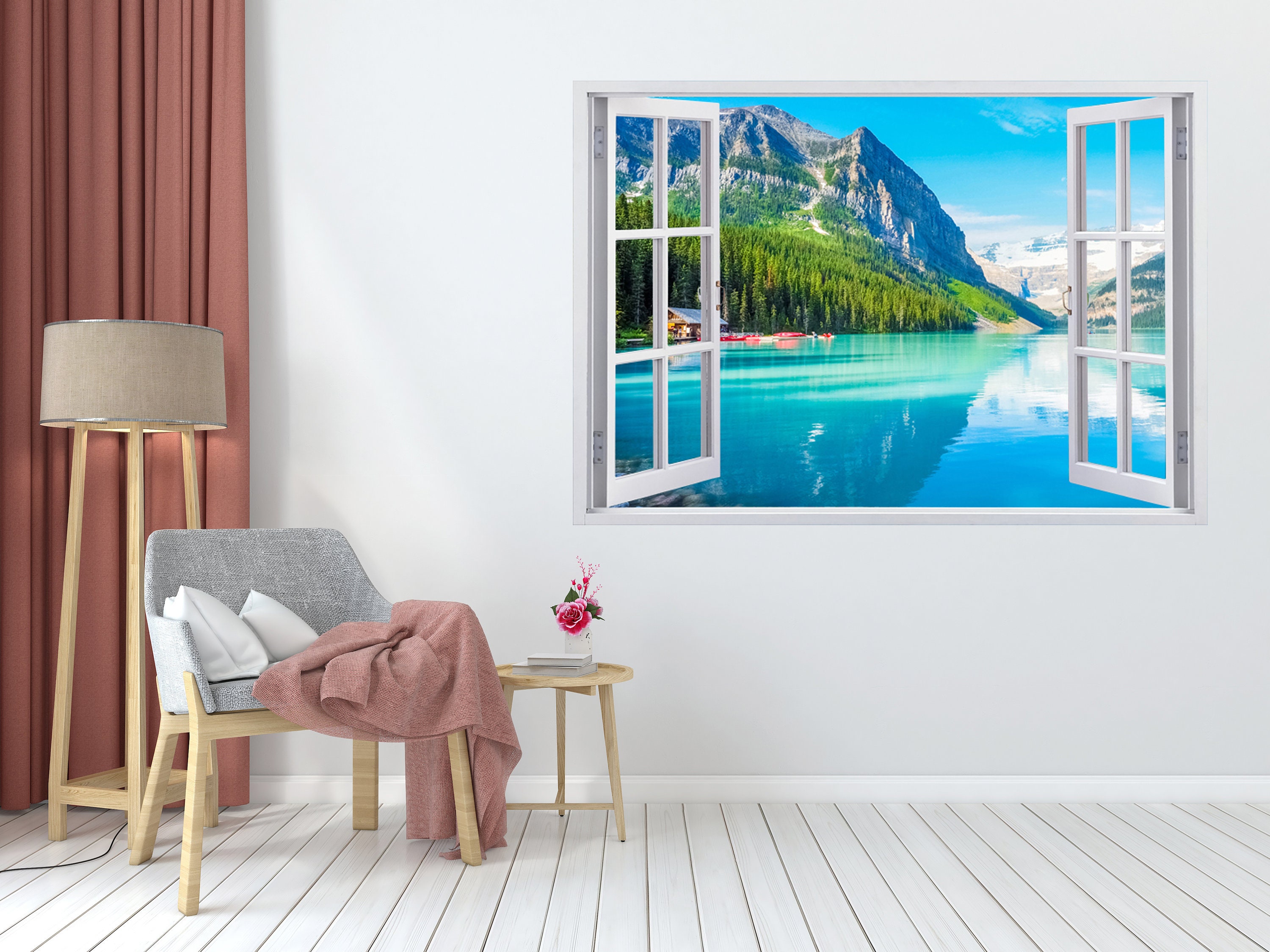 3D Fenster Blick Effekt See und Wald Landschaft, Wandwand, 3d