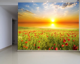Poppy Field Sunset View Wallpaper: Non-Woven Wall Mural
