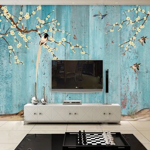 Vintage Floral Chinoiserie Wallpaper, Chinese Style Wallpaper, Floral Wood Grain Chinoiserie Wallpaper, Flower and Bird Wallpaper Mural