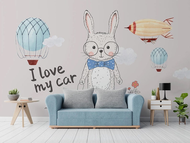 Wallpaper Minimalist Cartoon Rabbit Wall Art Wall Mural Etsy