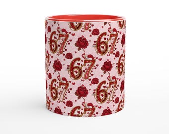 67 Valentine Meme Design Mug - Heart & Rose Pattern - Perfect for Hot Beverages