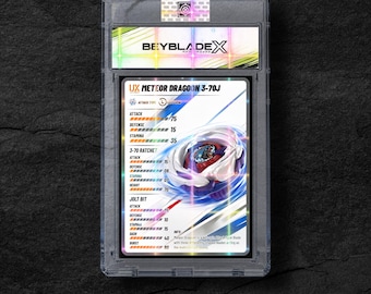 May include: A Beyblade X Meteor Dragoon 3-70J trading card encased in a protective plastic slab. The card features a white background with blue accents, a graphic of a red and white spinning top, and detailed attack, defense, and stamina statistics.