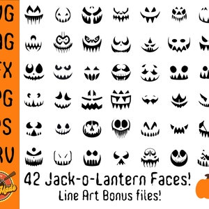 Puede incluir: Un conjunto de 42 ilustraciones de caras de calabaza de Halloween en blanco y negro. Las caras son de varios estilos, incluyendo tradicionales, espeluznantes y tontas. El texto "42 Jack-o-Lantern Faces! Line Art Bonus files!" está en la parte inferior de la imagen.