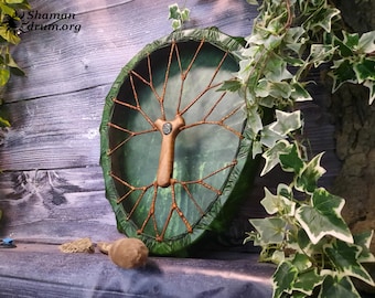 Tambor chamánico ovoide: Árbol de la vida, 14 x 20 pulgadas