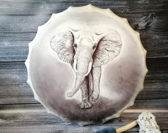 Hand Painted Elephant Shaman Drum - Mystical Symbolic Artwork