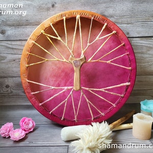 Handcrafted Pink Moon Shaman Drum - Tree of Life Handle - Powerful Woman Drum