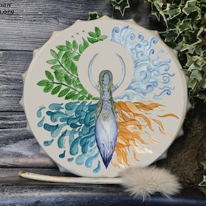 goddess drum Gaia 4 elements, schamanen trommel, shamanic drum, world tree, moon drum