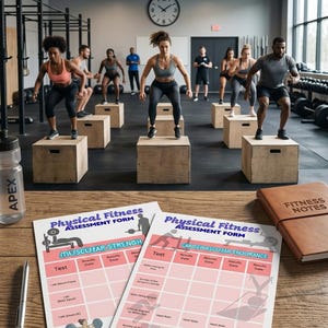 May include: Two Physical Fitness Assessment Form sheets on a wooden surface. One sheet is titled Muscular Strength with a bench press icon, and the other is titled Cardiovascular Endurance with a rowing machine icon. A pen and a Fitness Notes book are nearby.