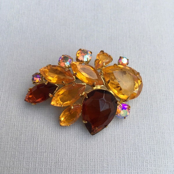 Vintage 1950’s, Large, Orange, Rhinestone Brooch