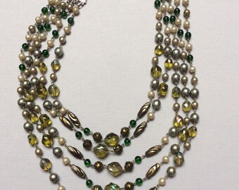 Collier Vintage Années 50 En Perles De Verre Vert D'eau - Multi-rangs Tressés, Longueur ~53 Cm - Occasion Parfait état