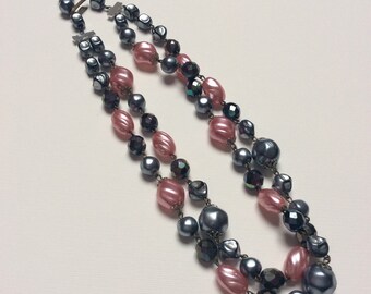 collier vintage rose et gris, plusieurs rangs, perles de verre