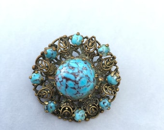 ヴィンテージ 1930 年代 チェコ フィリグリー ターコイズ ガラス