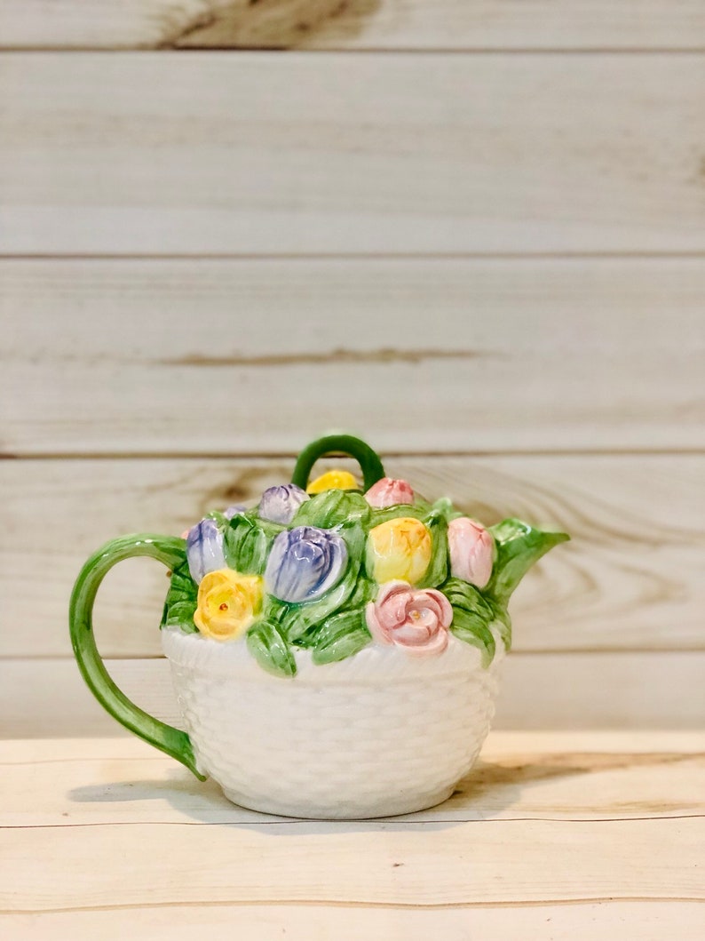 Mary Ann Baker Otagir Hand Painted Raised Flowers Teapot