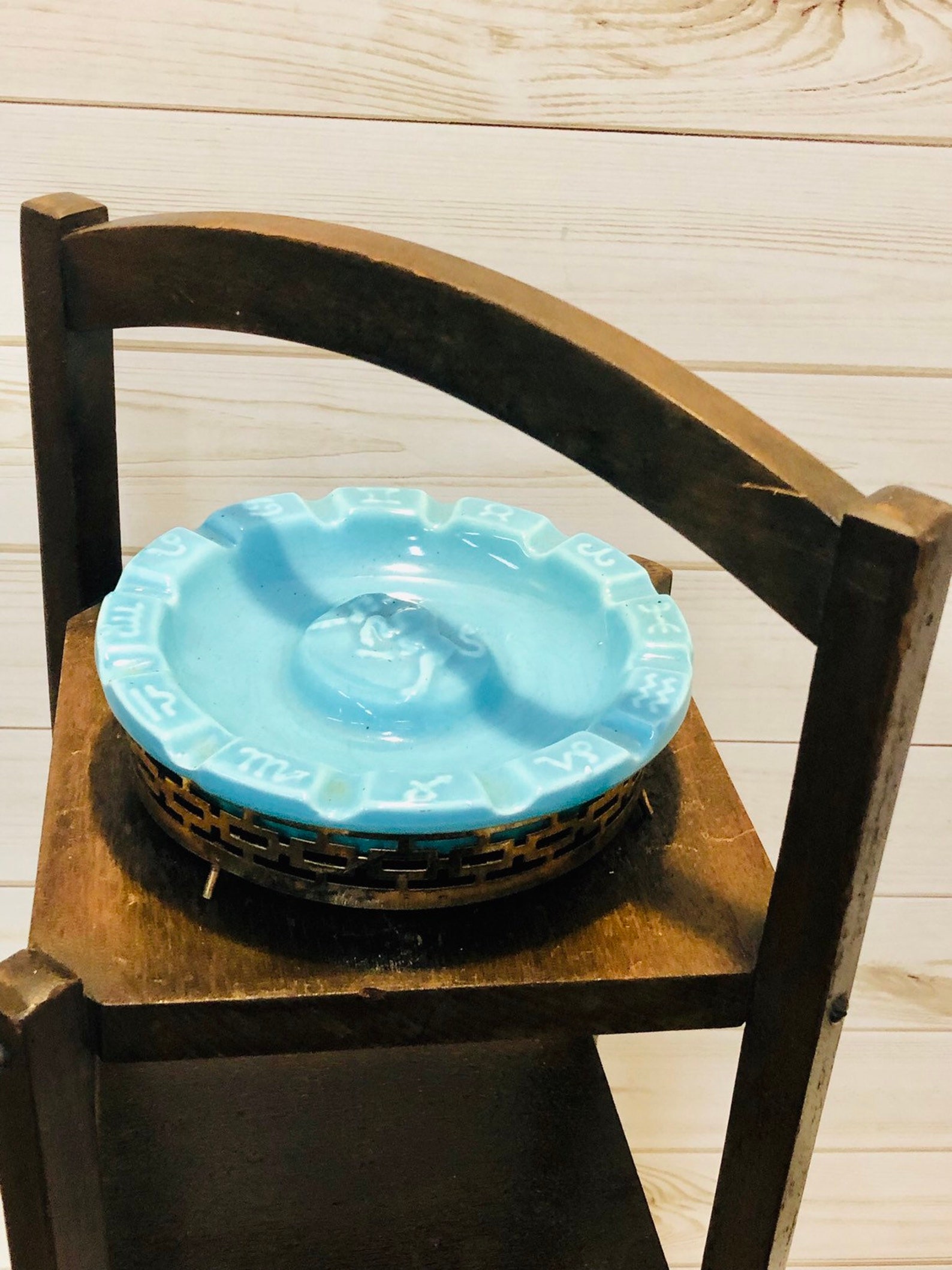 Ceramic Blue Zodiac Ashtray on Wooden Stand Etsy