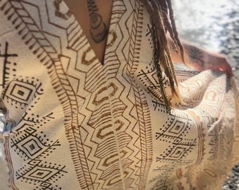 Hand Printed Tribal Cotton Maxi Dress, Natural Fabric