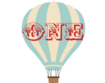 May include: A blue and white striped hot air balloon with the word "ONE" in red letters. The balloon has a brown basket.