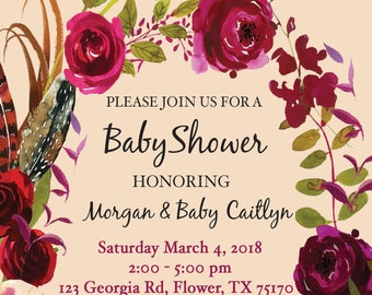 Boho, Floral and Feather Baby Shower Invitation