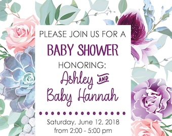 Succulent, Floral  Baby Shower Invitation