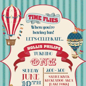 Time Flies, hot air balloon, first birthday invitation