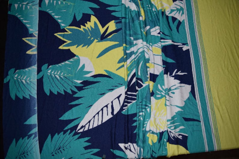 Flower Jersey Knit fabric 1940s inspired 1950s inspired design floral flowers stretchy stretch green tropical hula girl leaves summer yellow