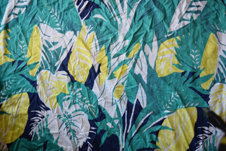 Flower Jersey Knit fabric 1940s inspired 1950s inspired design floral flowers stretchy stretch green tropical hula girl leaves summer yellow