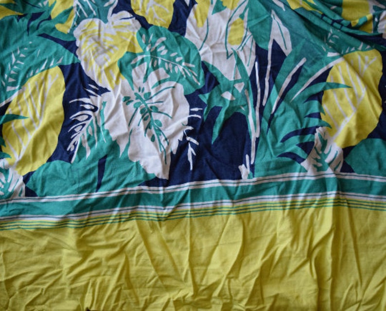 Flower Jersey Knit fabric 1940s inspired 1950s inspired design floral flowers stretchy stretch green tropical hula girl leaves summer yellow