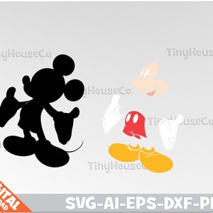 May include: Black and white silhouette of Mickey Mouse with a red and black shorts and yellow shoes. The silhouette is separated into individual parts for easy cutting.
