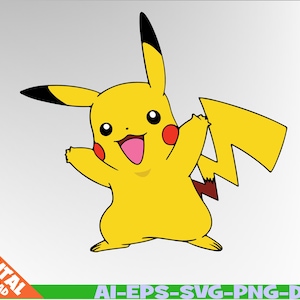 May include: A yellow Pikachu character illustration with black-tipped ears, red cheeks, and a lightning bolt tail. The character is smiling with its mouth open, revealing a pink tongue. The image includes the text "DIGITAL DOWNLOAD" and "AI-EPS-SVG-PNG-DXF".
