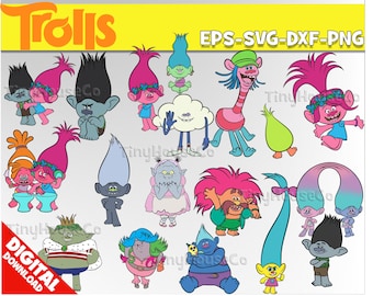 Può includere: Un set di 15 immagini clipart digitali con vari personaggi di Trolls. I personaggi sono colorati e includono una varietà di espressioni e pose. Le immagini sono in formato EPS, SVG, DXF e PNG.