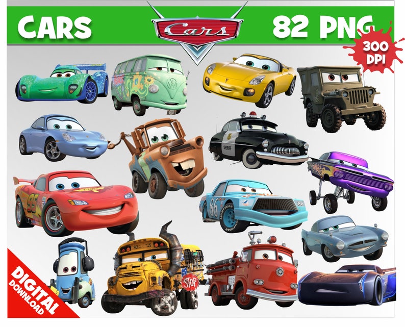 May include: A collection of 82 Cars movie character PNG images, each with a 300 DPI resolution. The characters include Lightning McQueen, Mater, and other popular Cars characters.